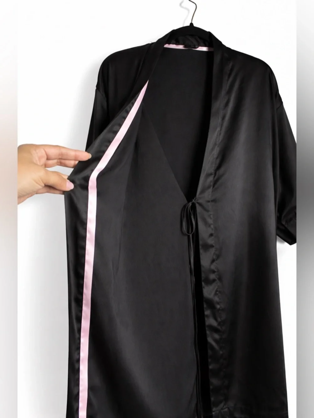 Victoria's Secret Black Robe with Pink Ribbon Trim- Small/ Medium No Belt Tie - Picture 3 of 5